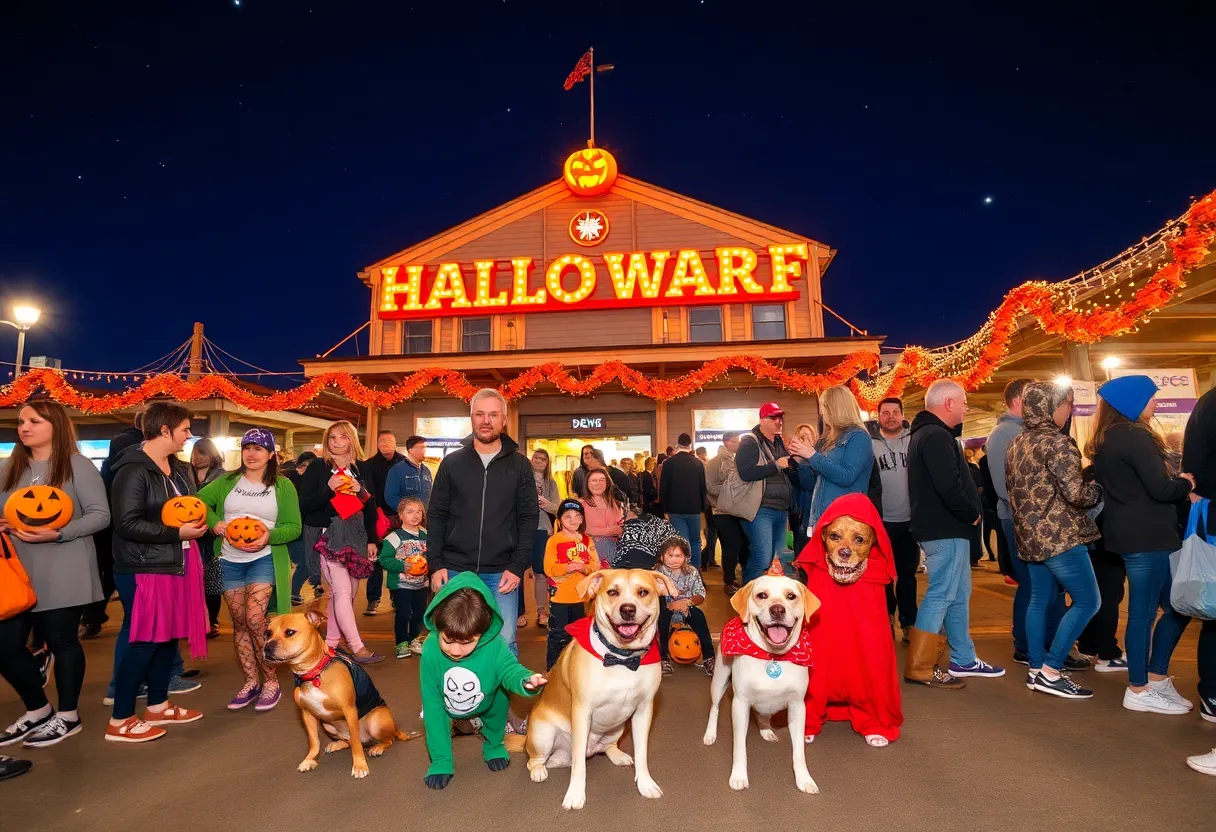 Families and dogs enjoying Halloween festivities at Sparkman Wharf