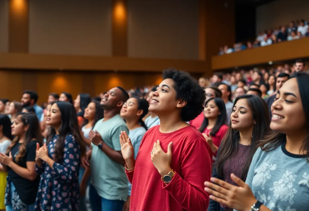 Diverse group of university students worshiping together at a spiritual event