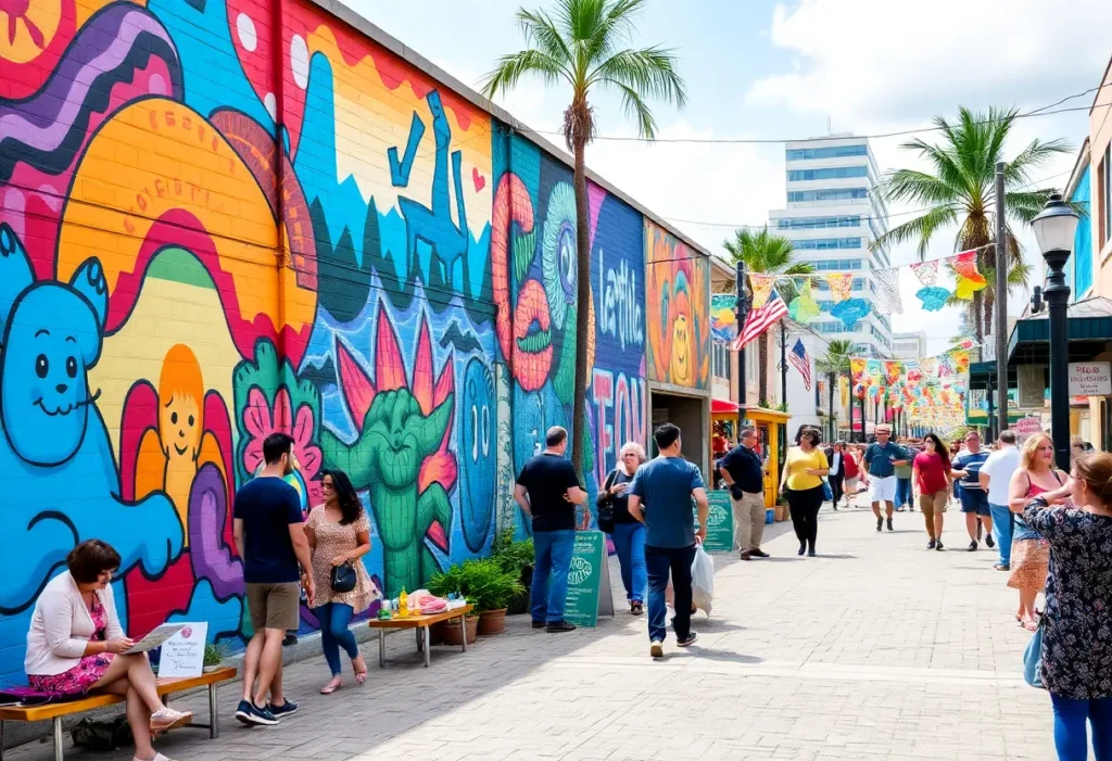 Colorful murals in Tampa Bay with festival goers enjoying the event