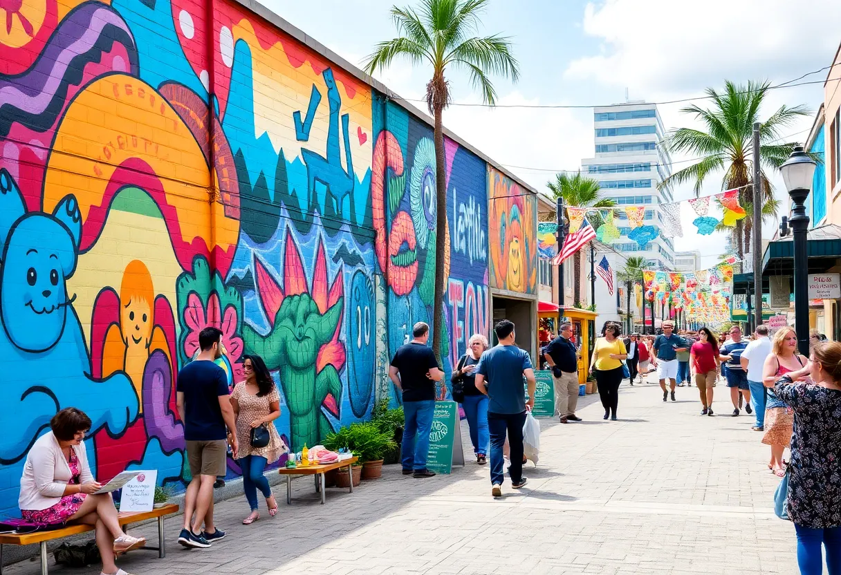 Colorful murals in Tampa Bay with festival goers enjoying the event