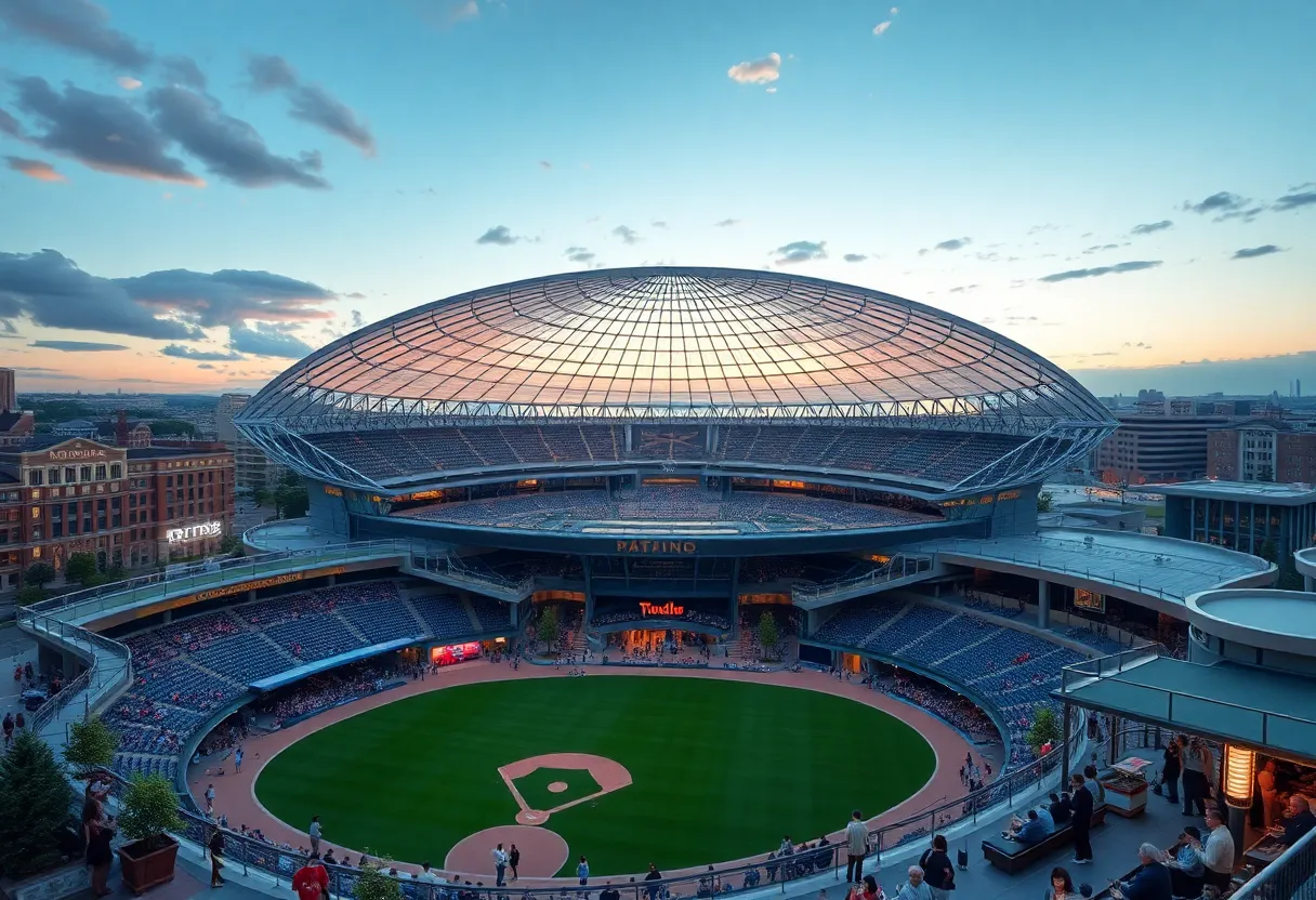 Rendering of the new stadium for the Tampa Bay Rays with retail and entertainment areas.