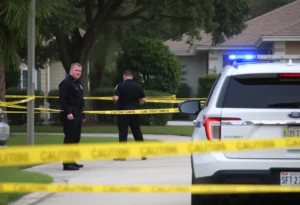 Police officers examining the crime scene of a double shooting in Tampa