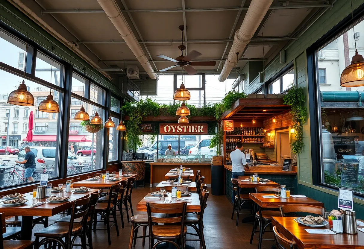 Interior of The Oyster Bar with vibrant seating and oyster displays
