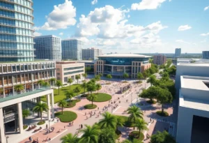 Illustration of the urban redevelopment around Tropicana Field in St. Petersburg.