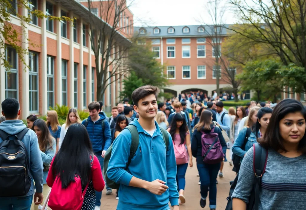 Students engaged in academic and community activities on a university campus.