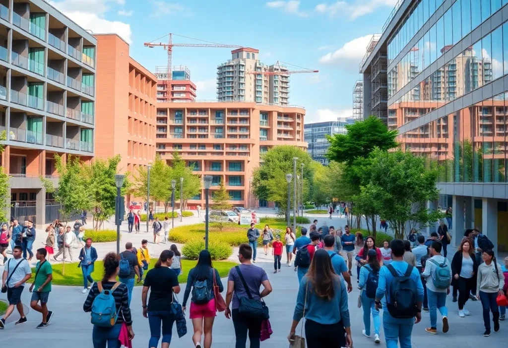Students at a university campus with construction in progress.