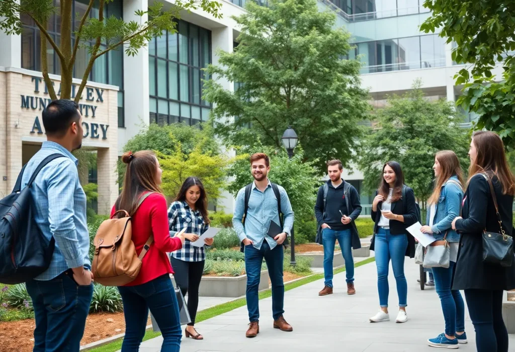 A vibrant university campus with students collaborating, symbolizing academic leadership.