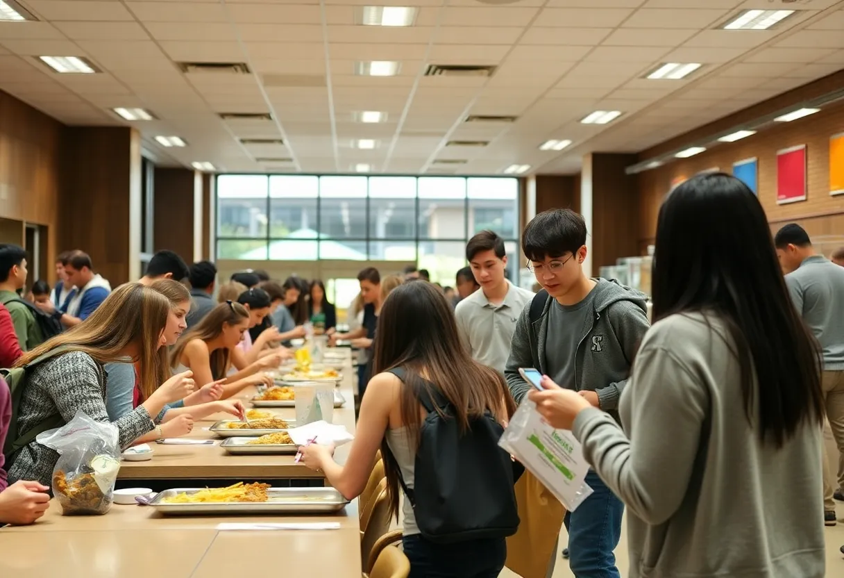 A university dining hall filled with students ordering food.
