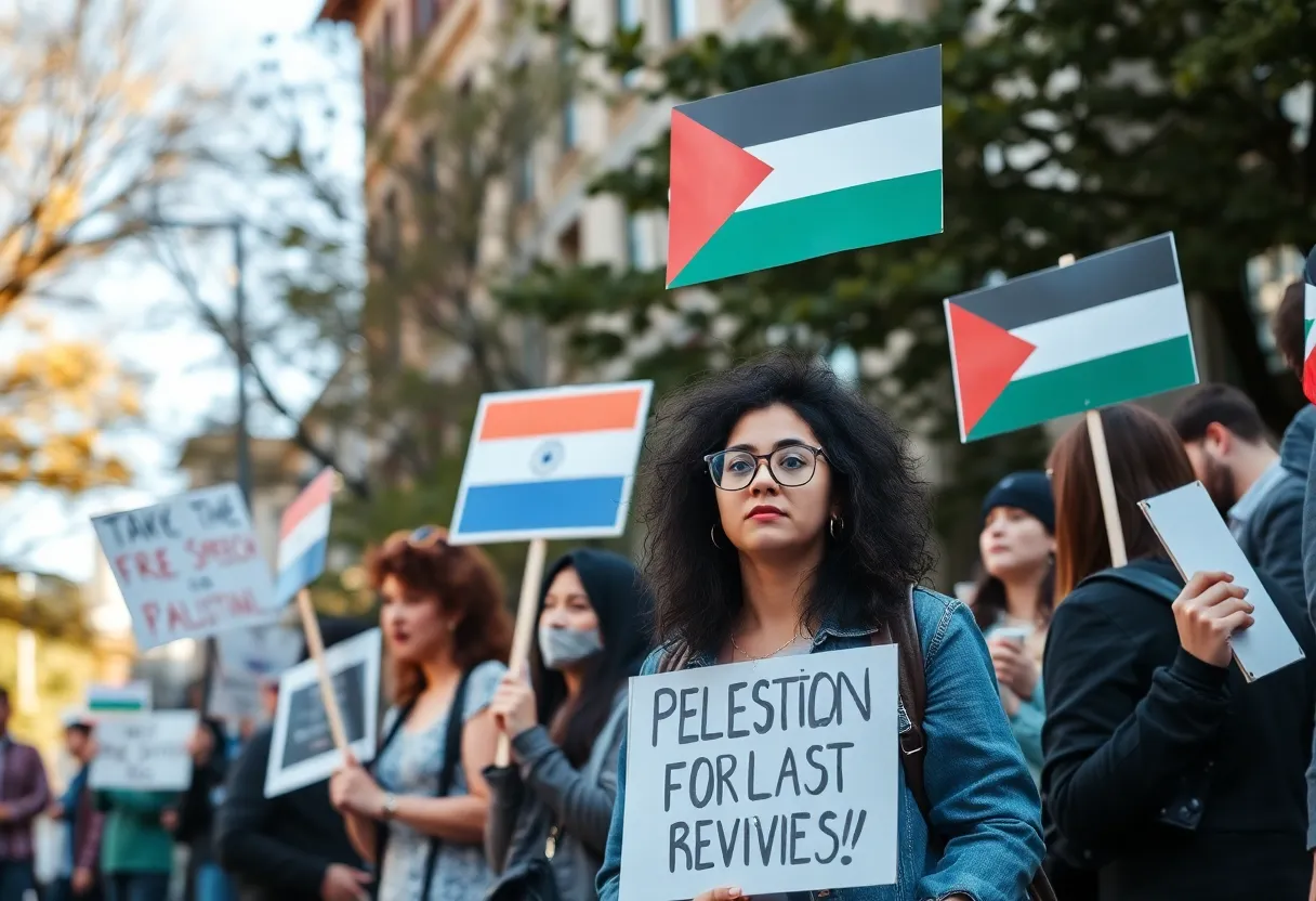 Students protesting for free speech rights and support for Palestinian advocacy at a university.