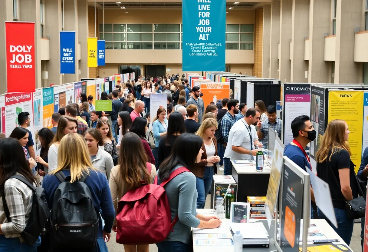 Students interacting with employers at the USF Part-Time Job Fair.