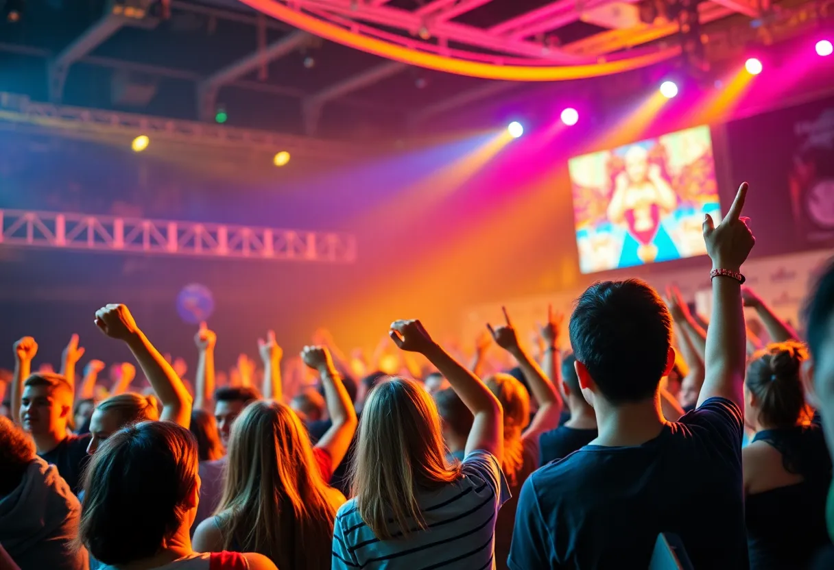 A lively concert atmosphere at USF with students celebrating.