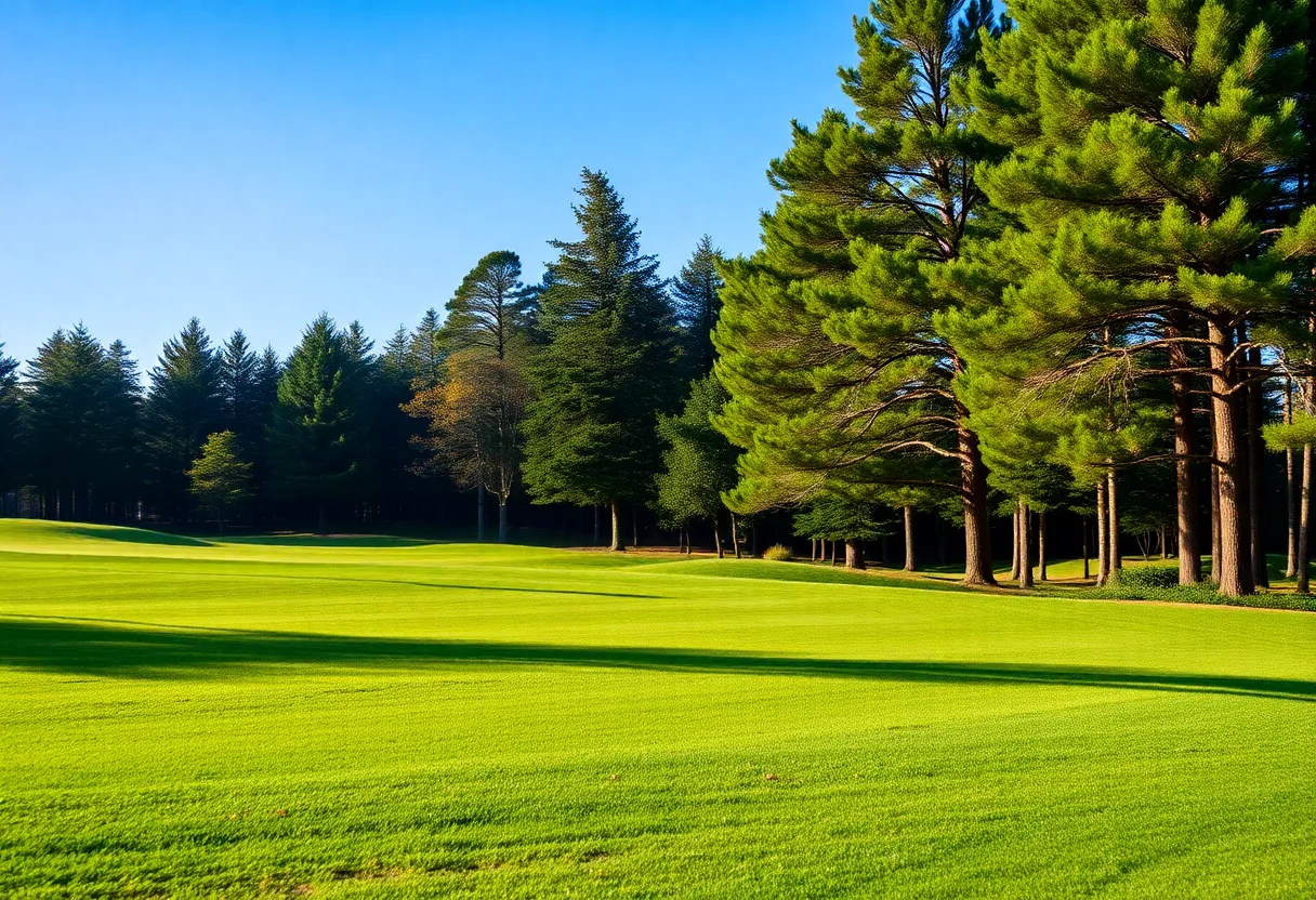 Close up of a beautiful golf course with pristine greens and well-maintained fairways.