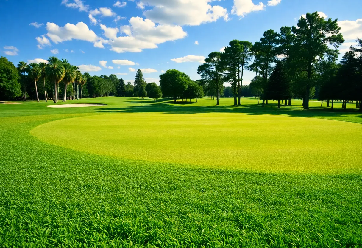 Close up of a beautiful golf course with well-maintained fairways and greens.