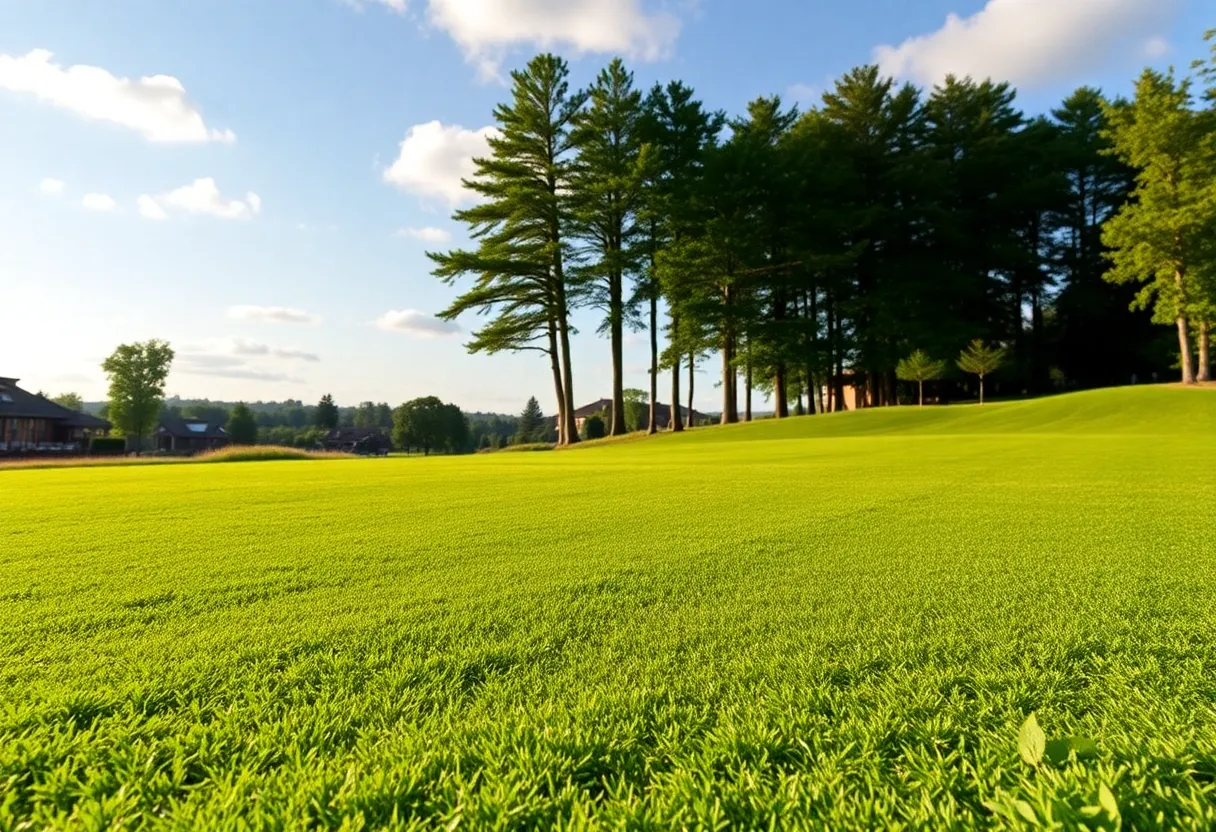 Close up of a beautiful golf course with vibrant greens and flowers