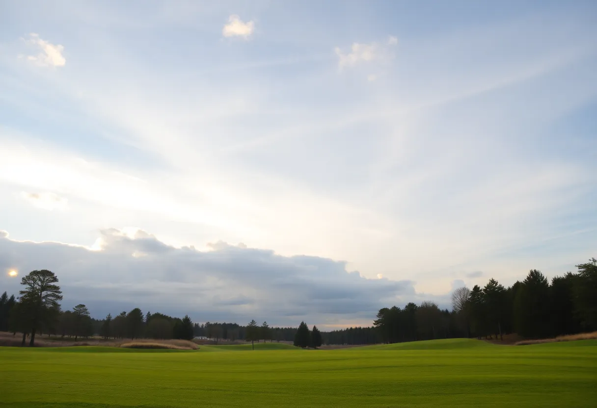 A scenic view of a beautiful golf course with vibrant greenery under a bright sky.