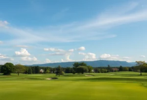 Close up of a beautiful golf course with lush greens.