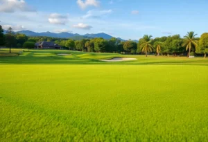 Close up of a beautiful golf course featuring lush greenery.