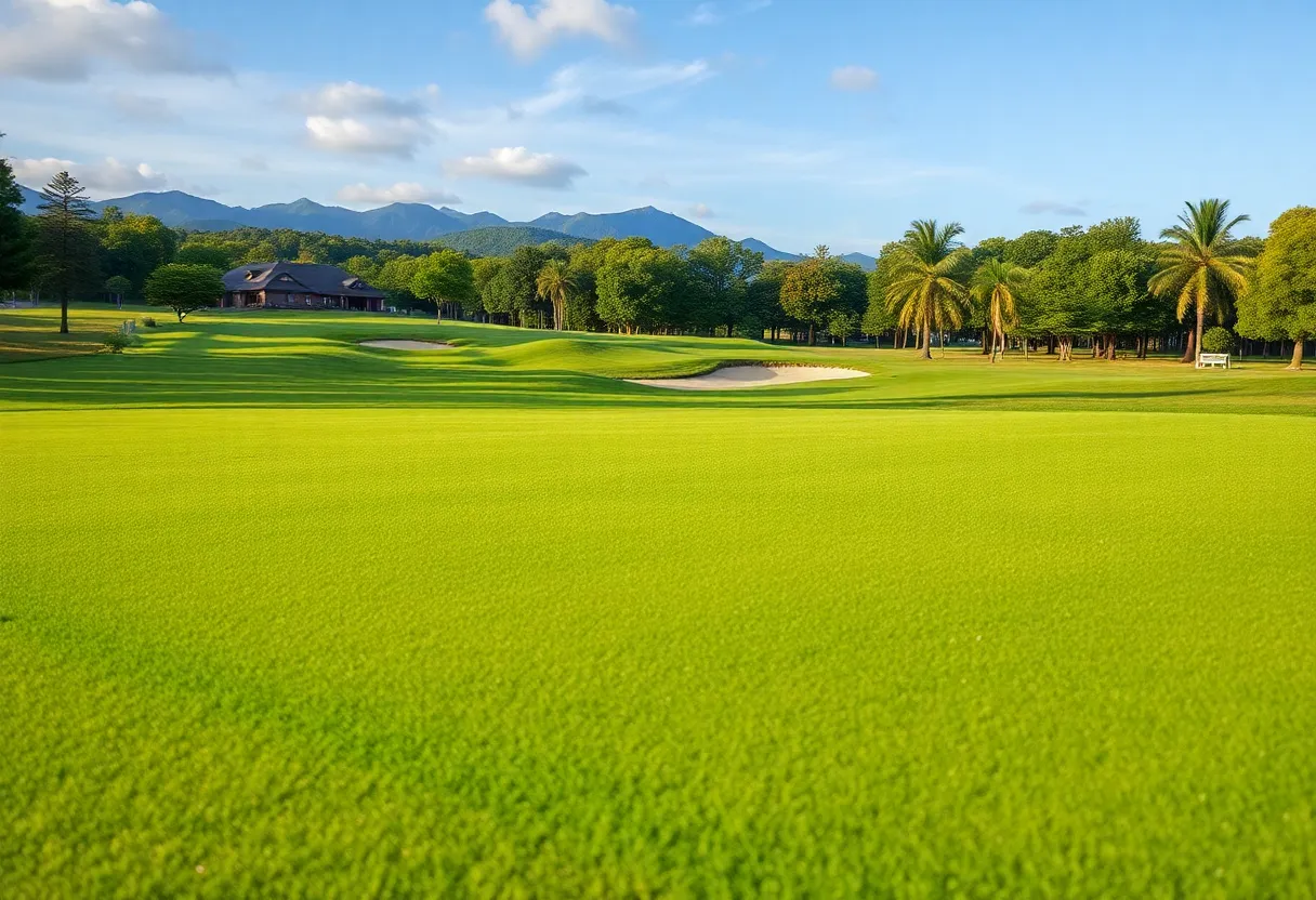 Close up of a beautiful golf course featuring lush greenery.