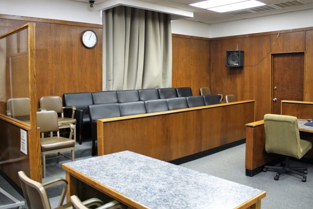 Empty courtroom with judge bench
