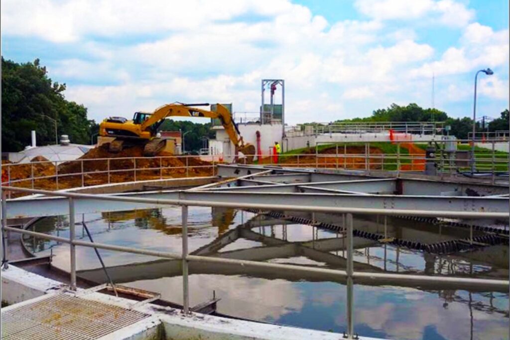 Wastewater treatment plant clarifier basin during an upgrade